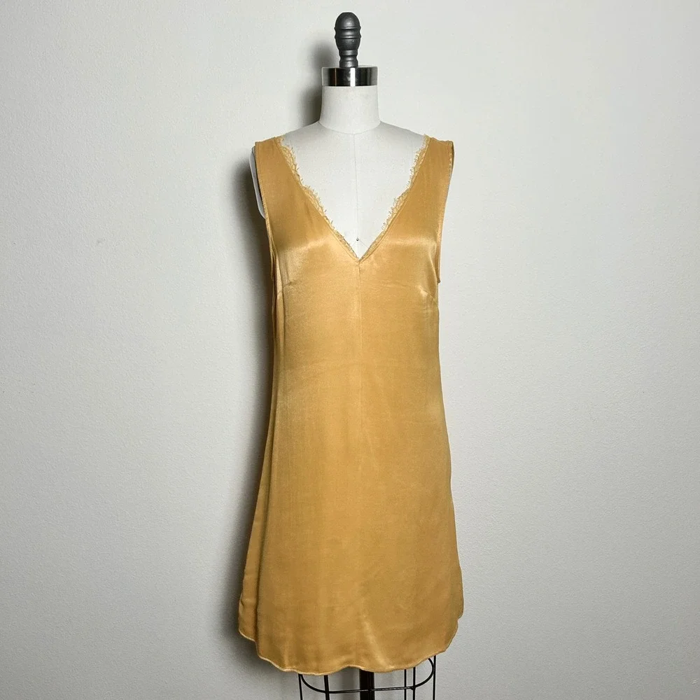 NWT By Anthropologie Sleeveless Lace Trim Gold Mini Romantic‎ Slip Dress S